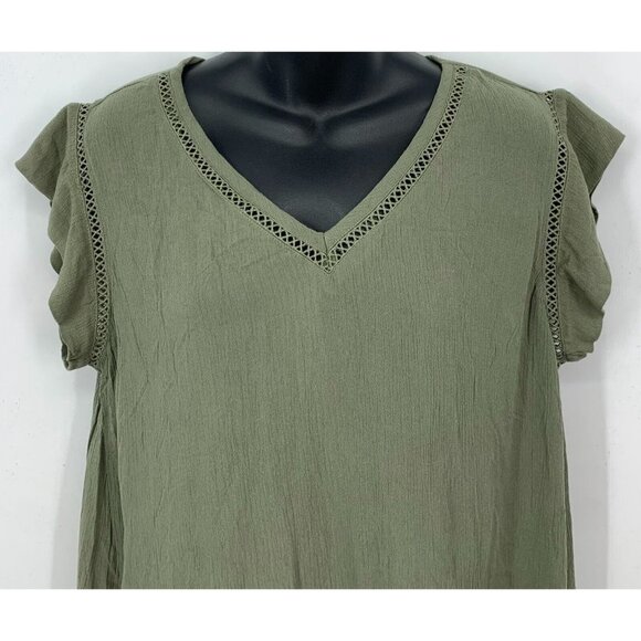Ellen Tracy Top Size Large Green Caper V-Neck Ruffle Crochet Pullover Women New - Picture 2 of 5